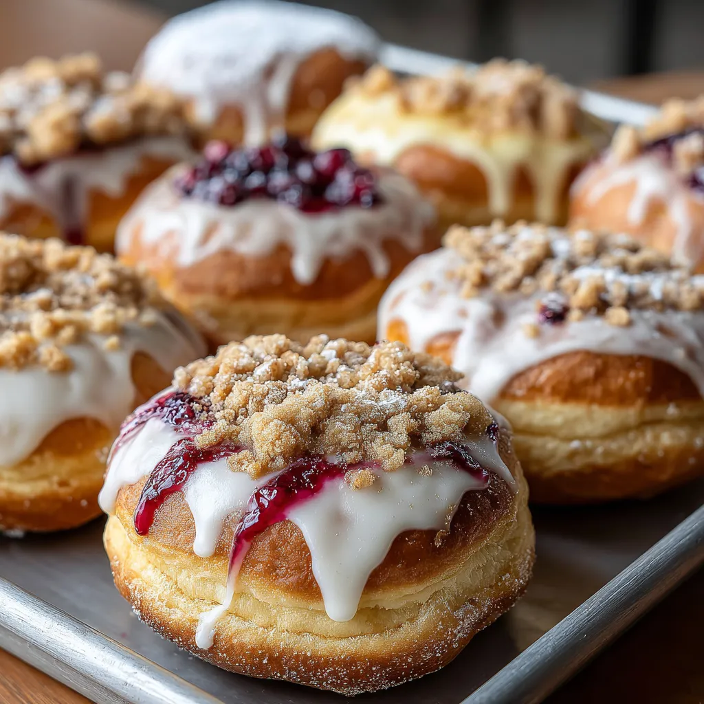 A tray of apple cheesecake buns with a crumble topping and sweet glaze.