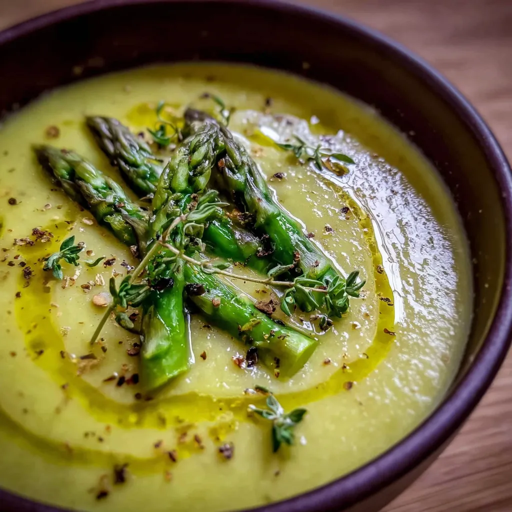 A bowl of soup with asparagus and herbs.