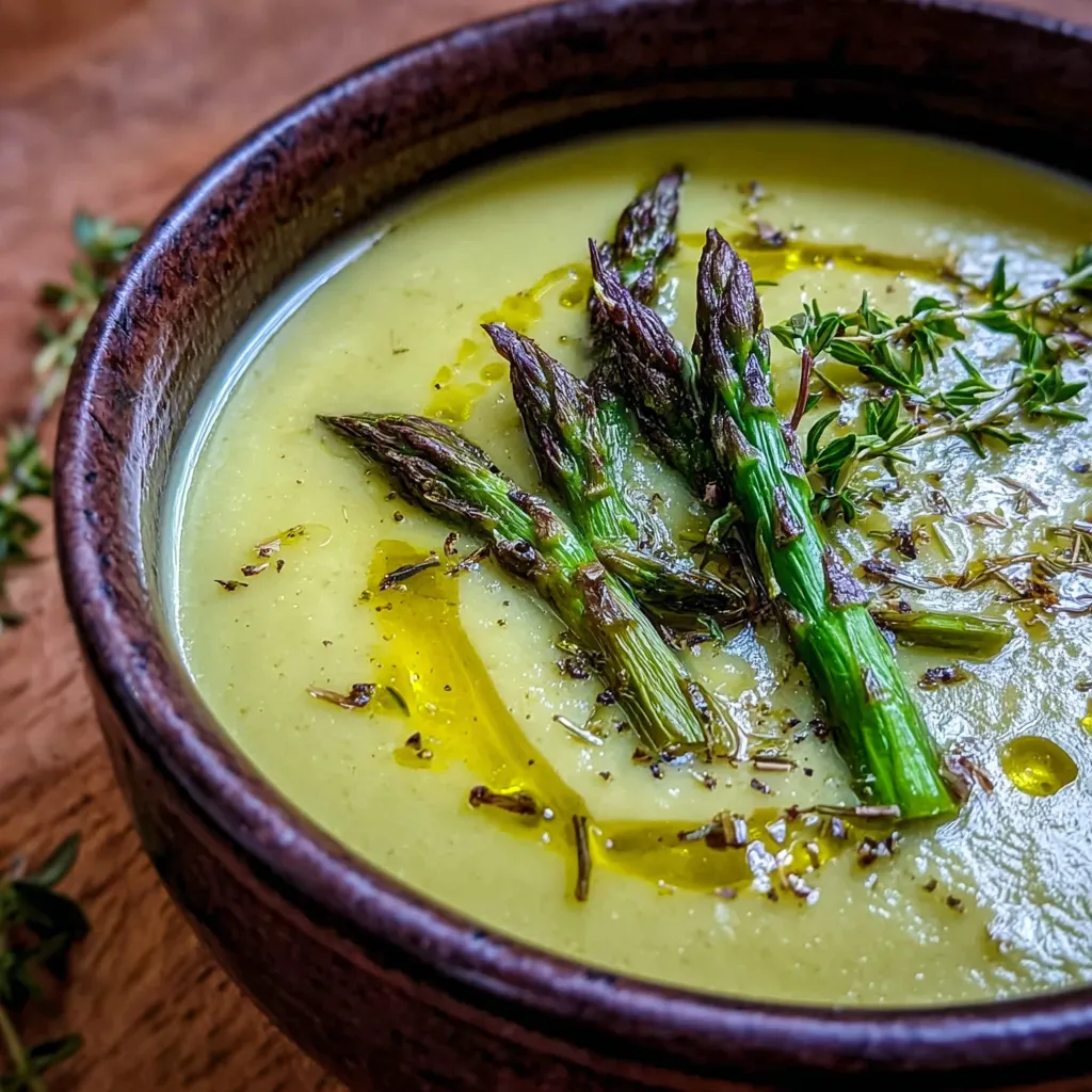A bowl of soup with asparagus and olive oil.