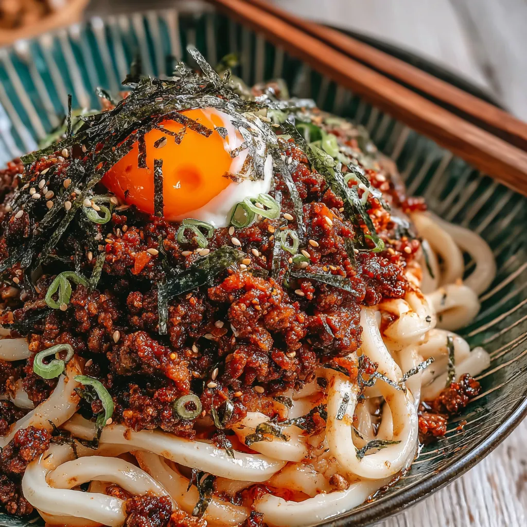 A bowl of noodles with an egg and bacon on top.