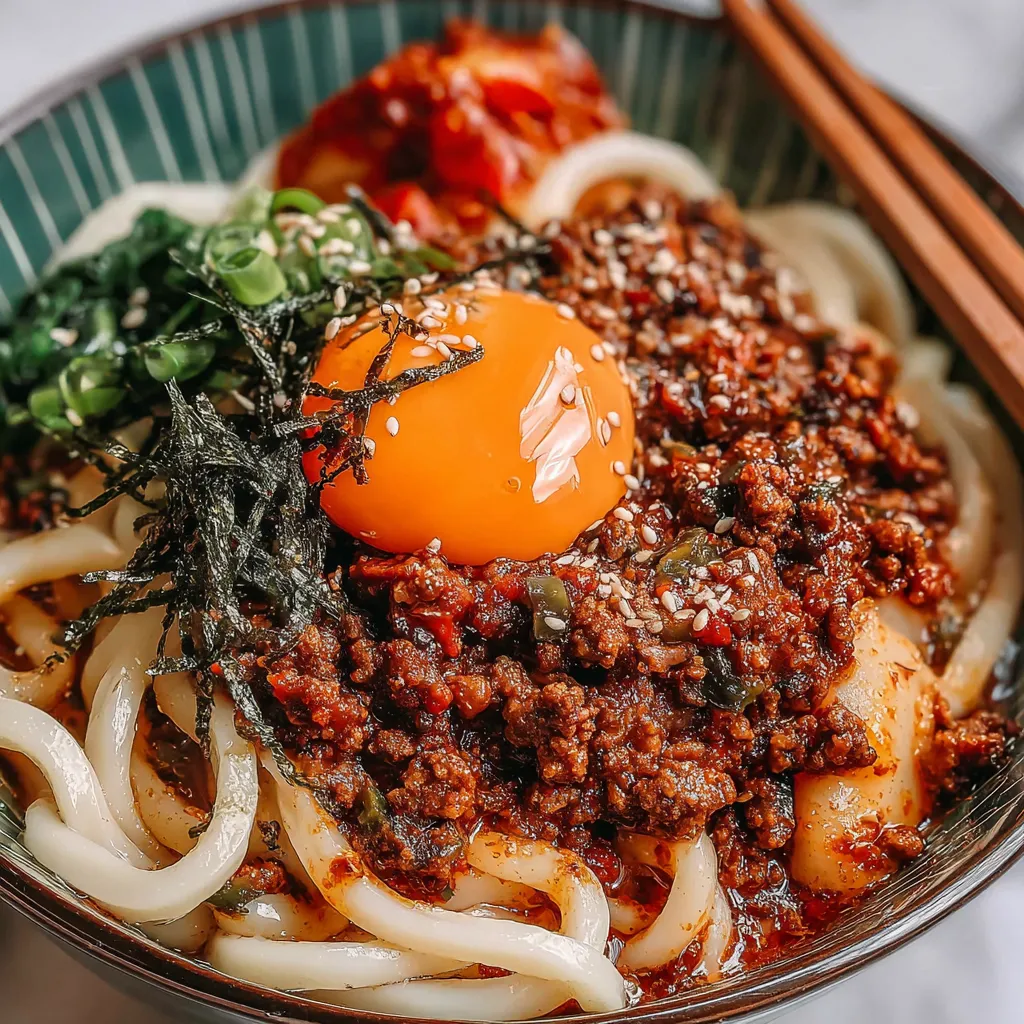 A bowl of noodles with an egg and bacon on top.