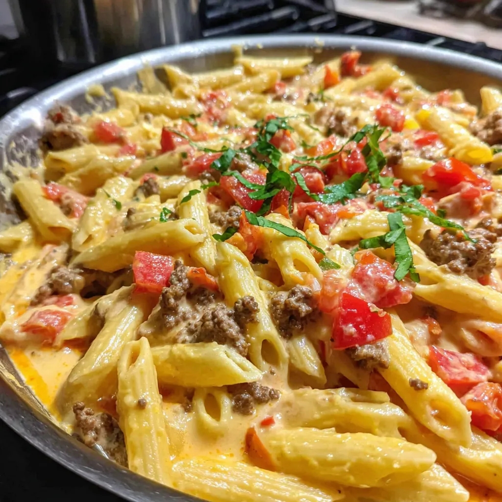 A pan of rotel pasta with tomatoes and meat.