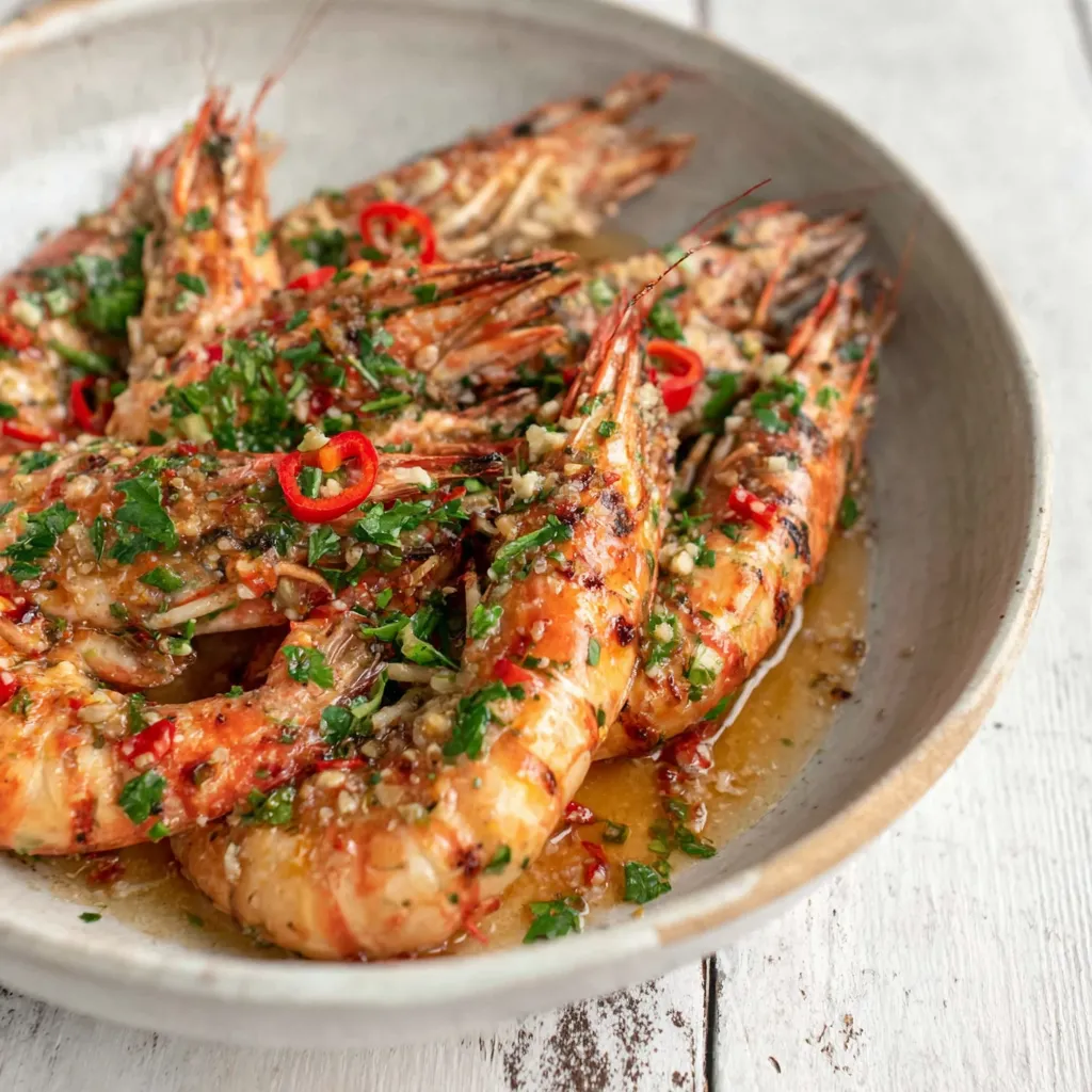 A plate of grilled prawns with garlic, lemon and chili.