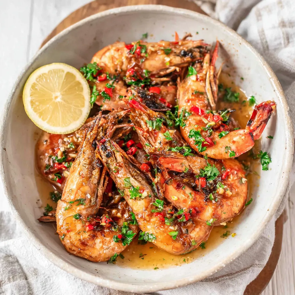 A bowl of shrimp with garlic, lemon and chili.