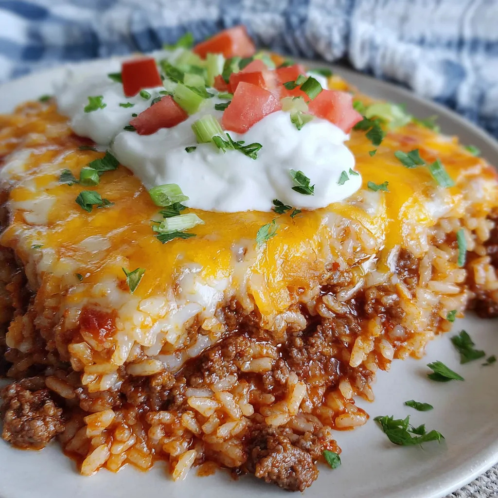 A plate of cheesy ground beef and rice casserole.
