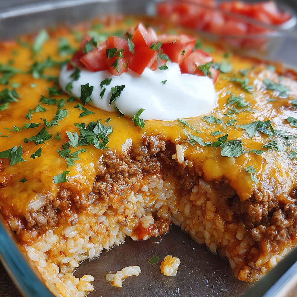 A close up of a cheesy ground beef and rice casserole.