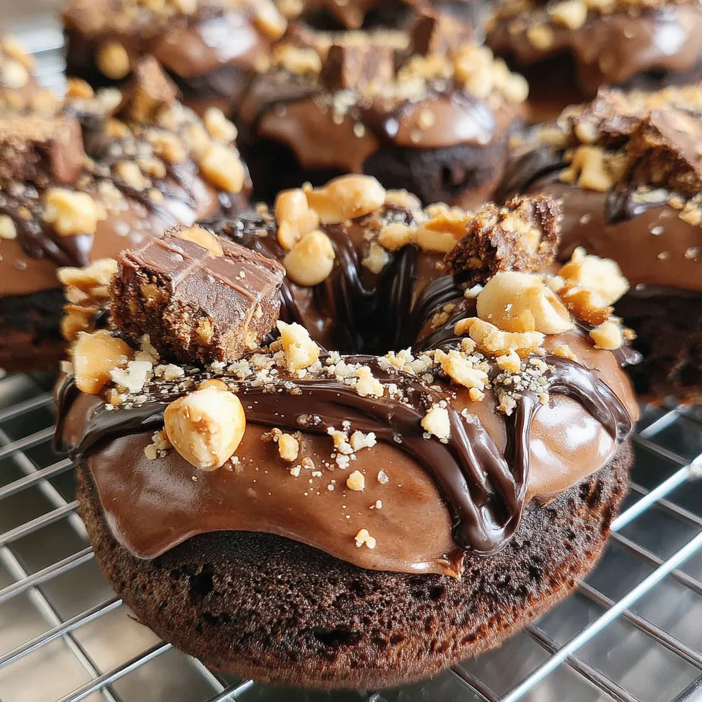 A chocolate donut with nuts and chocolate drizzle.