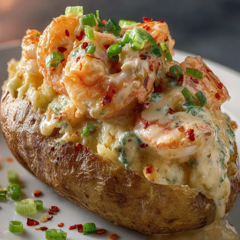 A plate of food with shrimp and potatoes.