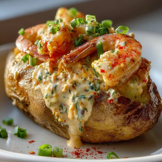 A plate of food with shrimp and potatoes.