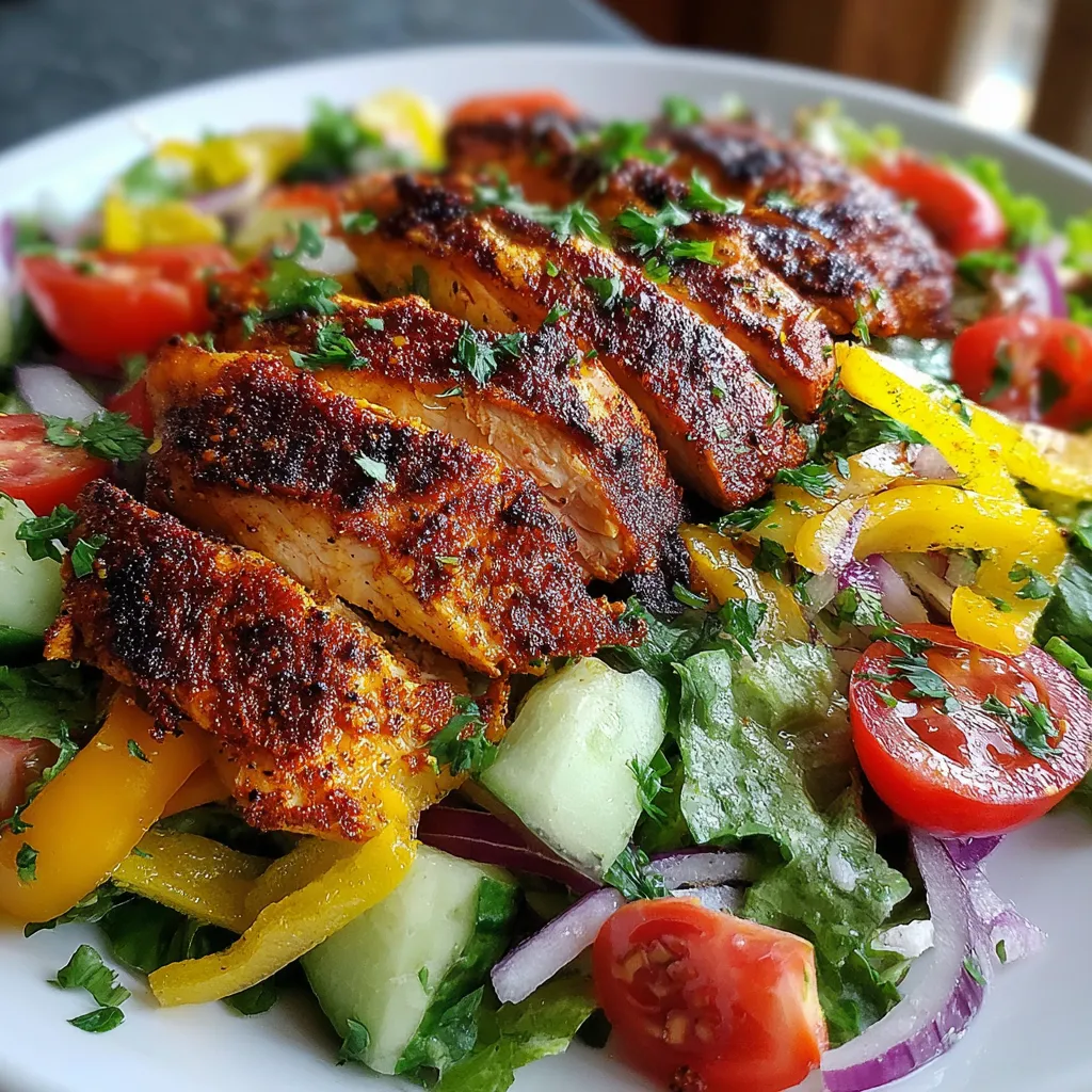 A plate of spiced grilled chicken salad.