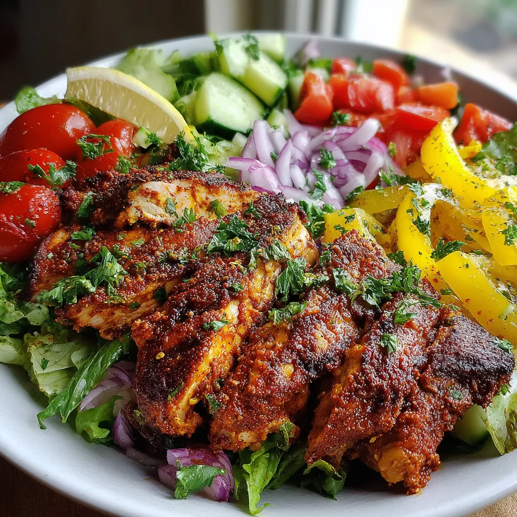 A bowl of spiced grilled chicken salad.