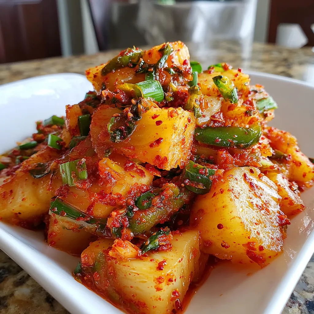 A white plate with a spicy pineapple kimchi marinade.