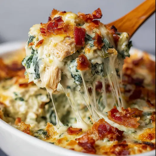 A close up of a spinach artichoke chicken casserole.