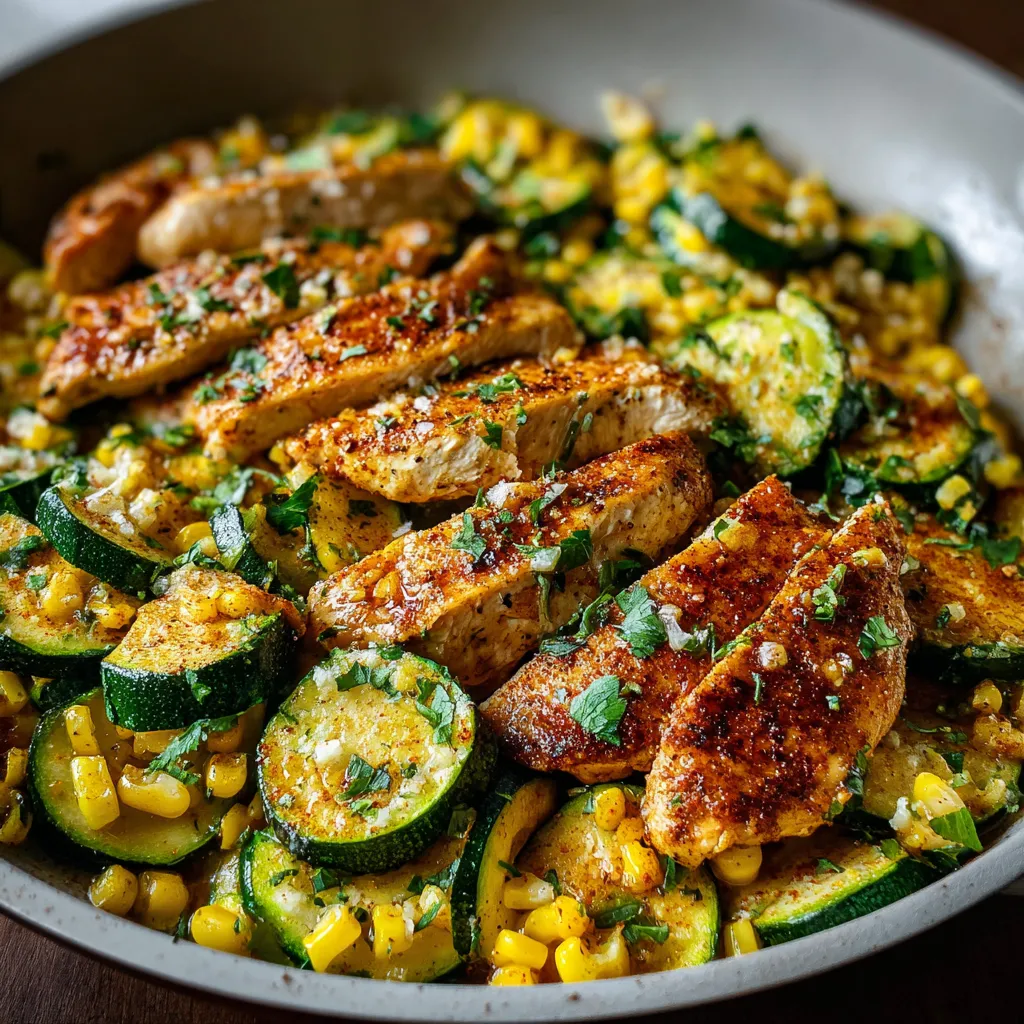 A bowl of food containing chicken, corn, and zucchini.
