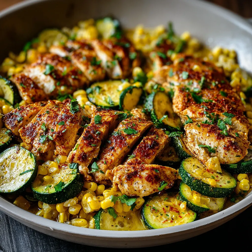 A bowl of food with chicken, corn, and zucchini.