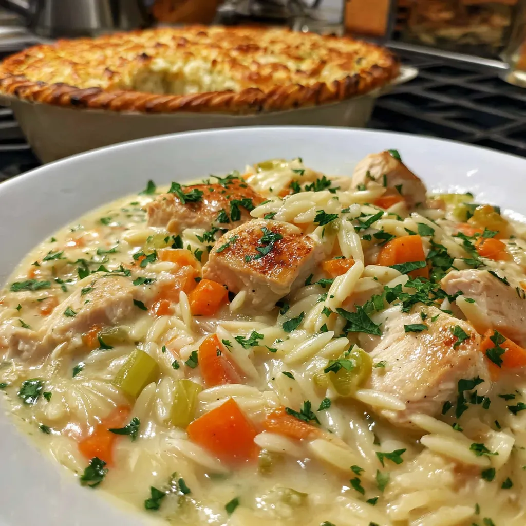 A plate of creamy chicken pot pie orzo.