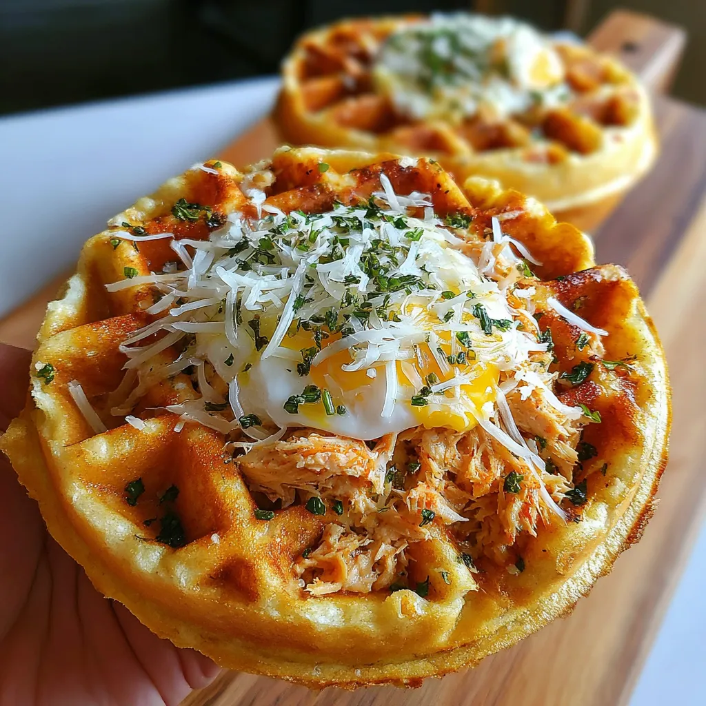 A waffle with a tuna melt on top.