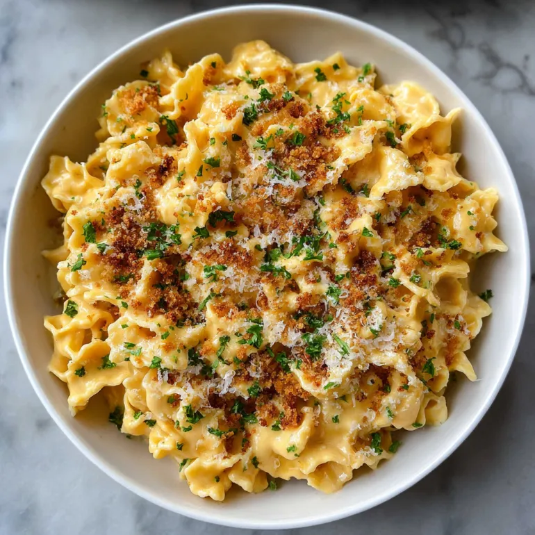 A bowl of pasta with cheese and herbs.