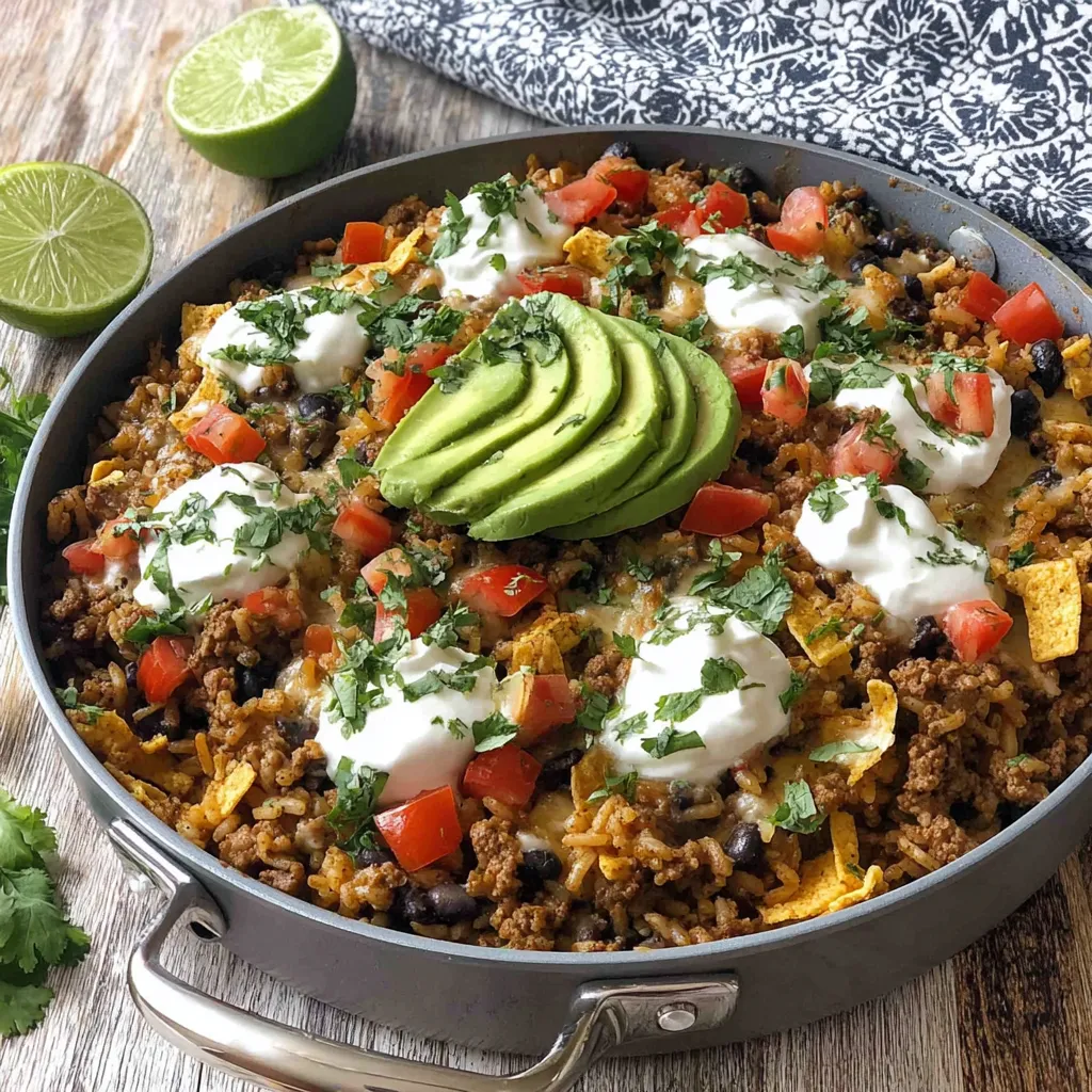 A skillet filled with rice, beans, and meat.