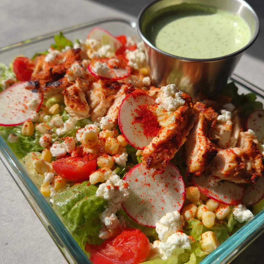 A salad with chicken, corn, and tomatoes.