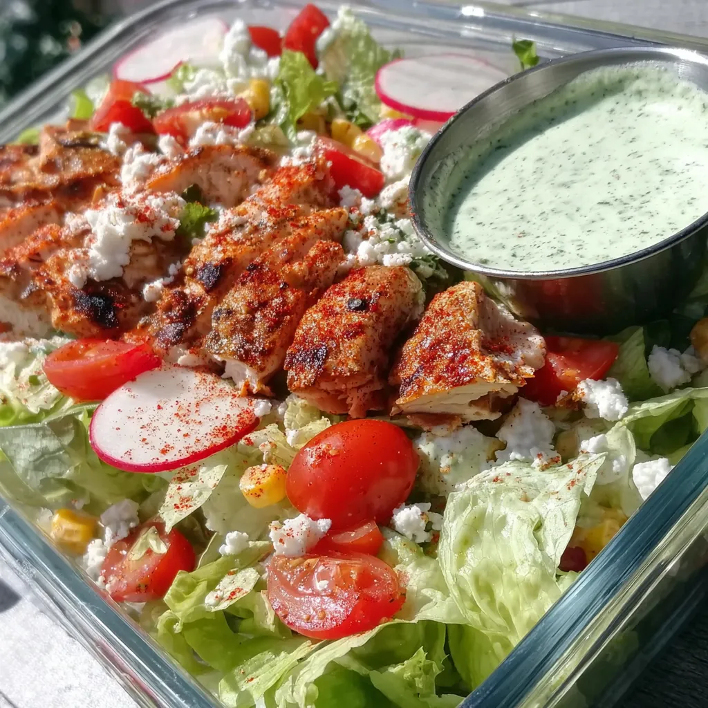 A salad with chicken and tomatoes.