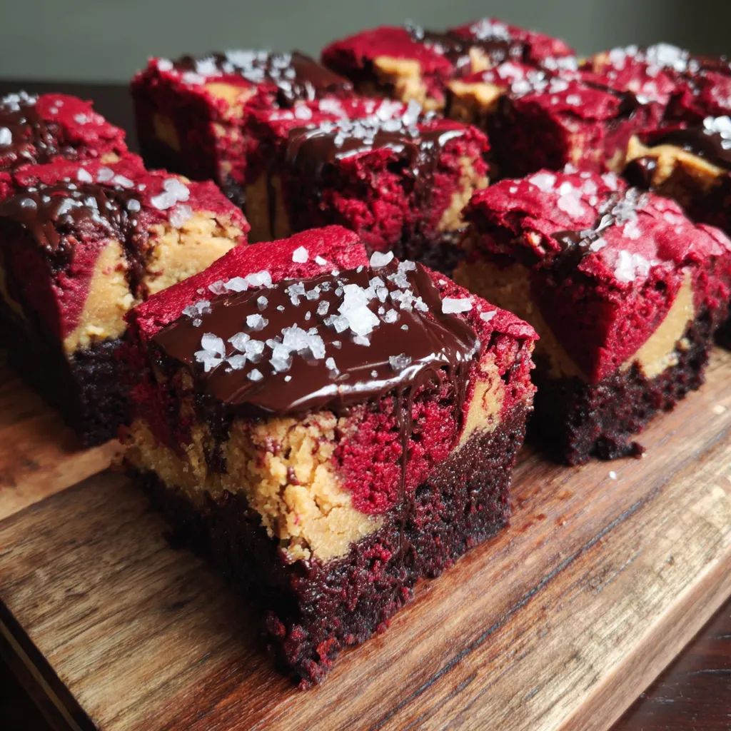 Red velvet brownies with chocolate drizzle.