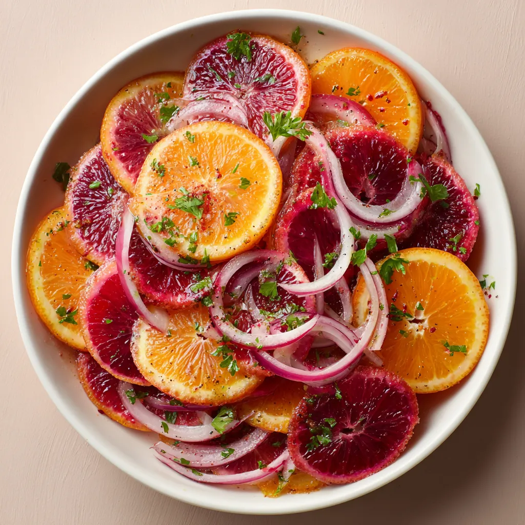 A plate of blood orange salad with fennel and pickled onion.