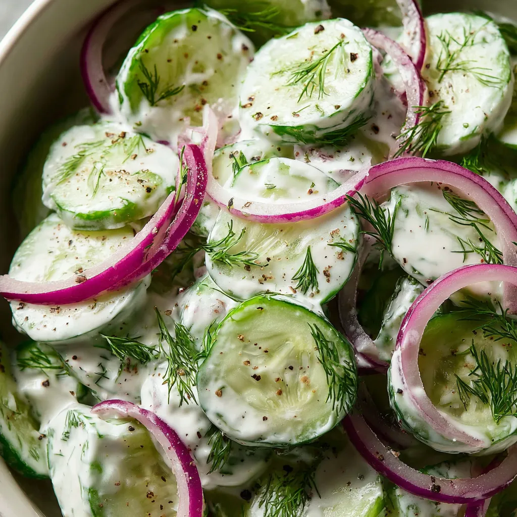 A bowl of dill yogurt cucumber salad.