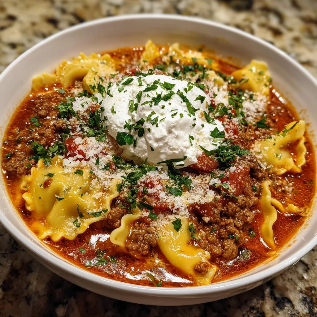 A bowl of homemade lasagna soup.