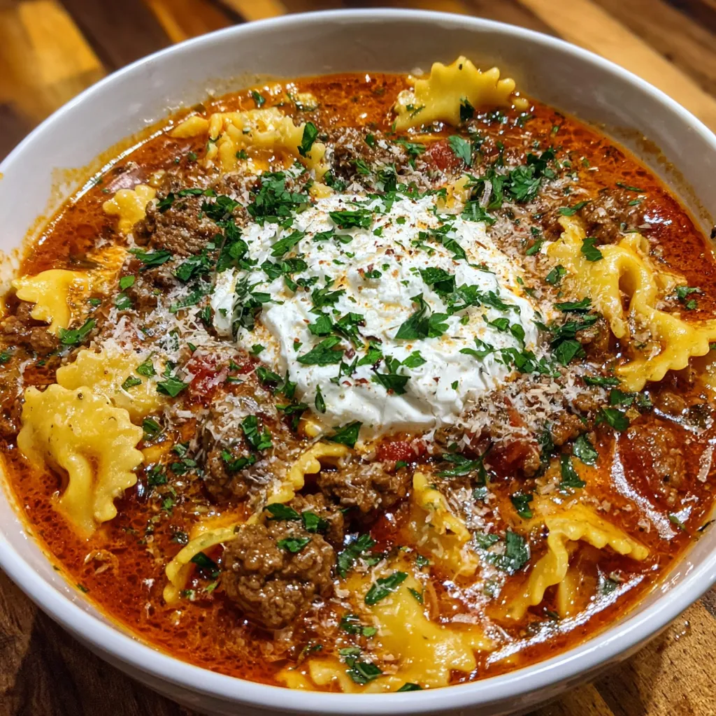 A bowl of homemade lasagna soup.