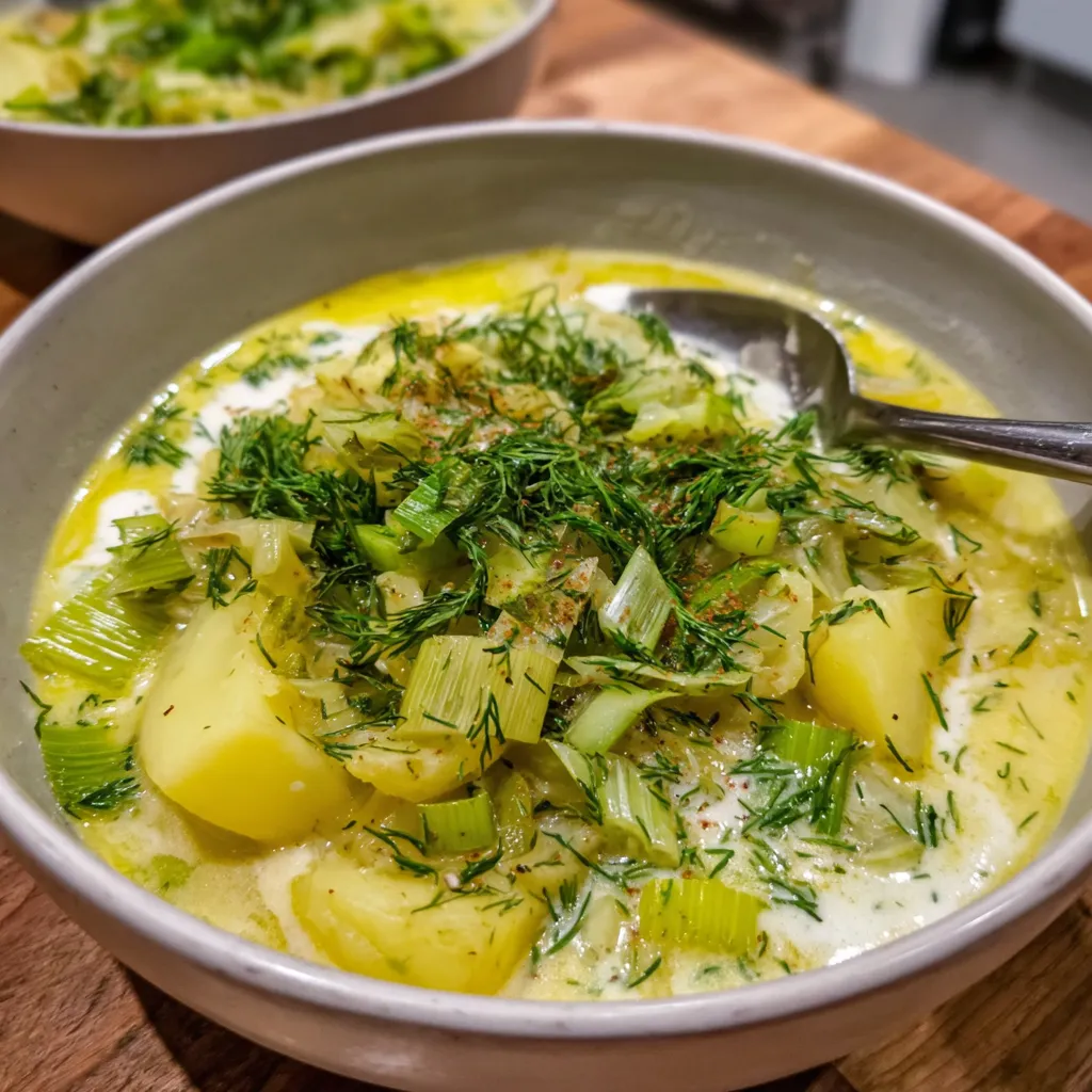 A bowl of soup with potatoes, leeks, and dill.