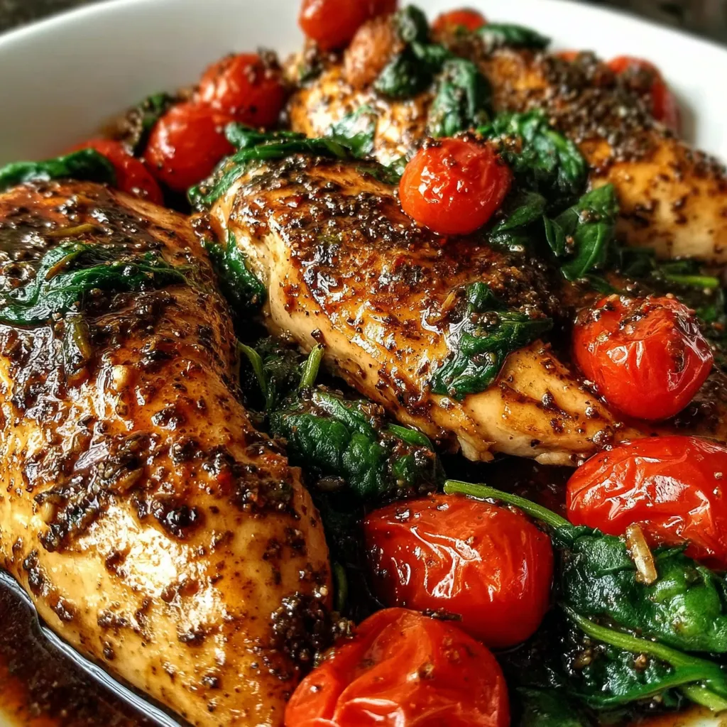 Balsamic chicken breast with spinach and tomatoes.