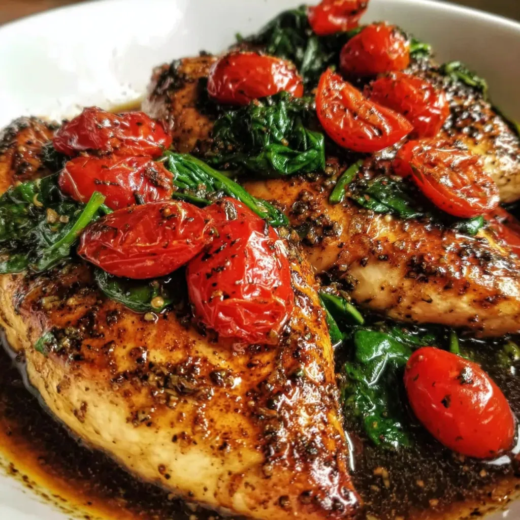 A plate of chicken breast with spinach and tomatoes.