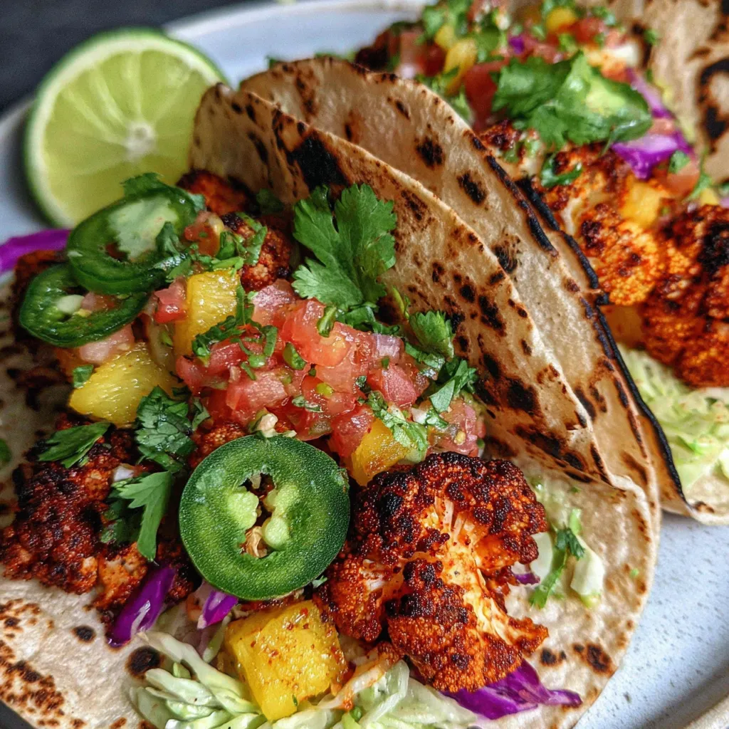A plate of vegan smoky BBQ cauliflower tacos.