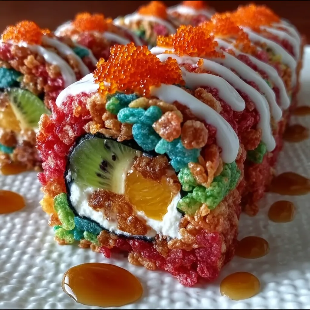A colorful sushi roll with orange and green fruits.