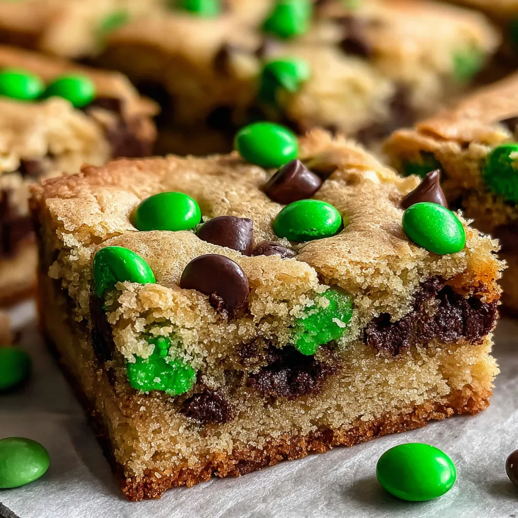 A close up of a chocolate chip cookie with green M&amp;M's.