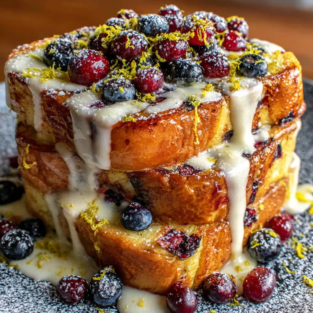 A stack of sourdough toast with blueberries and lemon.