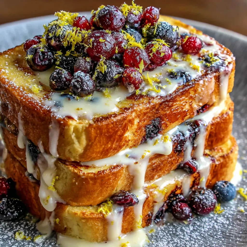 A stack of sourdough toast with blueberries and lemon.