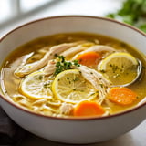 A bowl of soup with lemon slices and carrots.