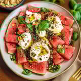 Plate piled with watermelon, cheese, and fresh basil.