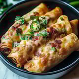 A pile of eggrolls stuffed with melted cheese and plenty of jalapeños on a plate.