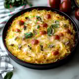 Baked cheese and tomato casserole in a pan.