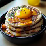 Stack of pancakes topped with a sunny-side up egg.