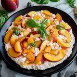 A bowl stacked with fluffy marshmallows, big peach pieces, and a hint of basil.