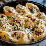 A plate stacked with sun-dried tomato and ricotta stuffed pasta shells covered in bubbly cheese.