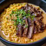 A bowl of spicy Korean-style ramen with grilled meat and a smooth sauce on top.