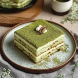 A no-egg chocolate tart with matcha sits on a serving tray, ready to eat.