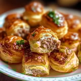 A serving platter piled with sausage and cream cheese biscuit bites.