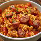 A bowl of rice with sausage and tomatoes.