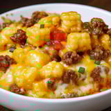 A bowl of cowboy casserole with corn and tomatoes.
